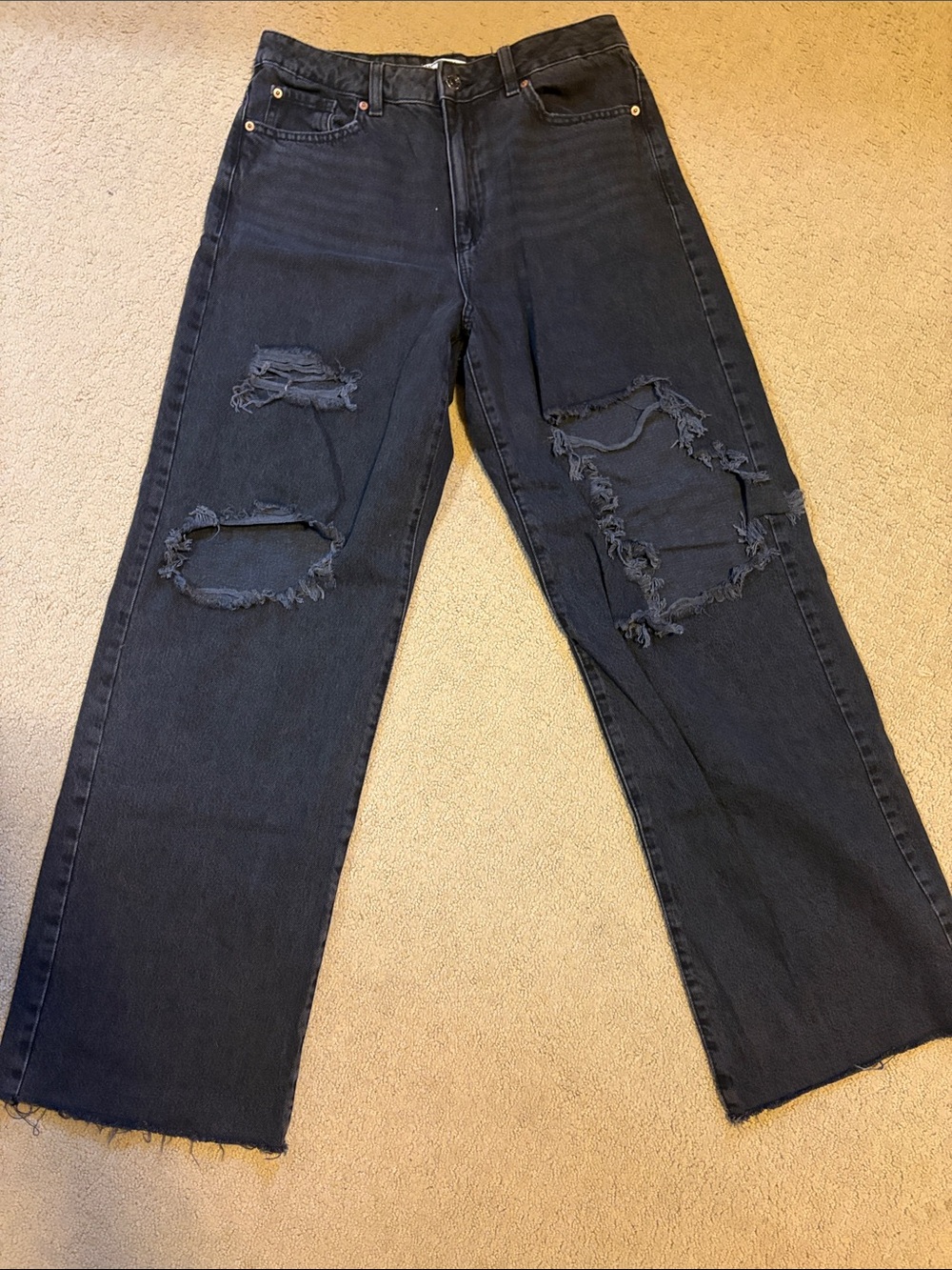 American Eagle Outfitters Black Distressed High Waisted Wide-Leg Jeans